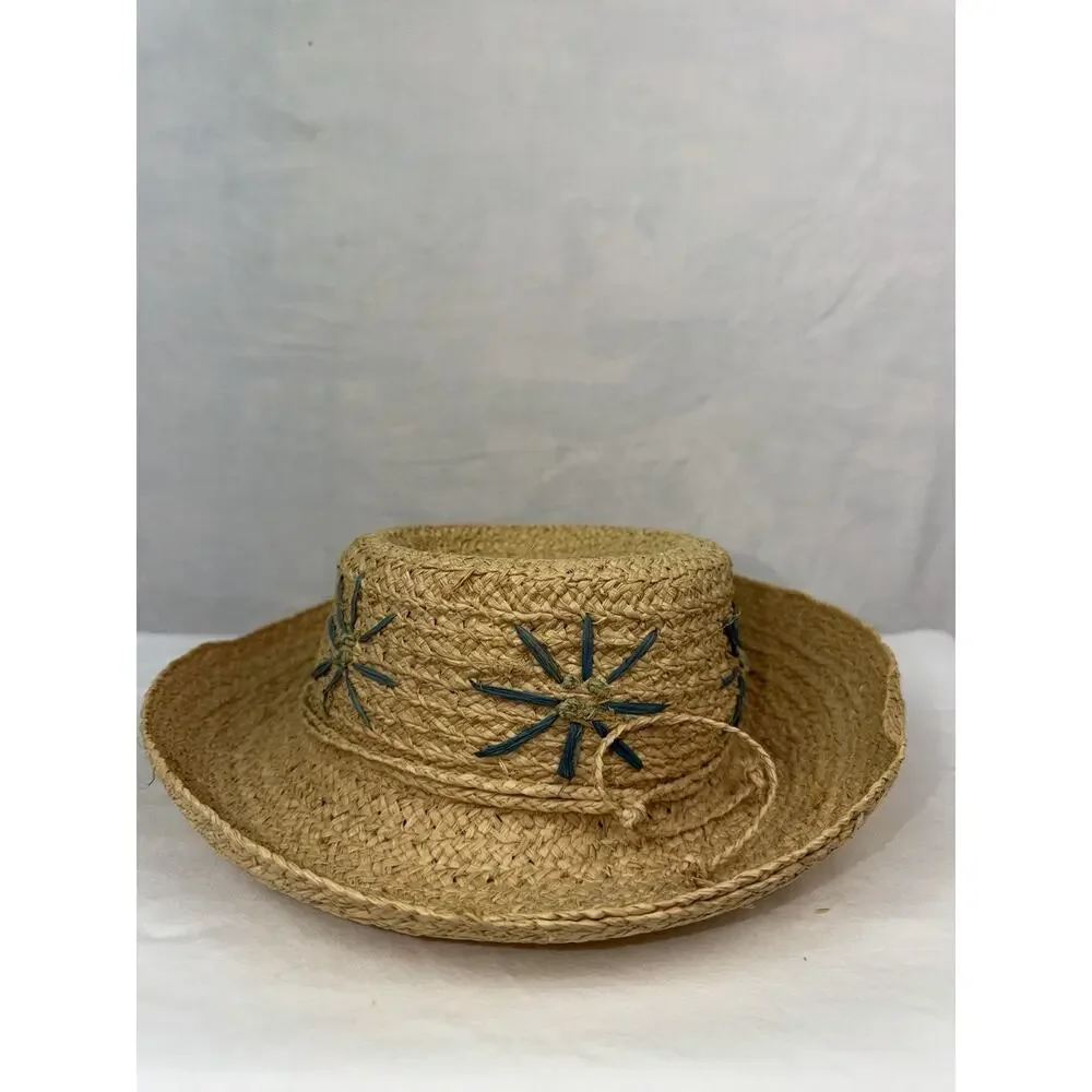Vintage Natural Straw Sun Hat Wide Brim Floral Raffia Beach Boho Cottagecore - Picture 5 of 9